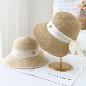 Dames zomer brede rand strohoed met witte strik, perfecte strand zonbescherming.