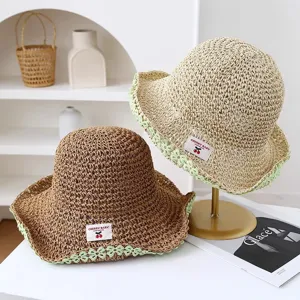 Sombrero de paja de verano para mujer borde de encaje dulce ala ancha playa vacaciones