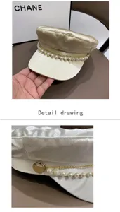 Women satin flat top cap with pearl chain fashion newsboy hat casual street visor