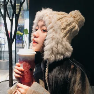Damen Winter Warme Kaninchenfell Gestrickte Bombermütze Verdicktes Fleece Ohrenschutz Bommel Beanie Süße Koreanische Stil Mütze