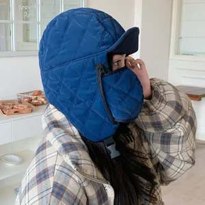 Winter windproof bomber hat with face cover thick quilted warm trapper hat for outdoor cycling skiing