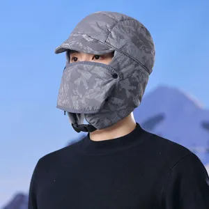Unisex winter bomber hat with face cover, grey camouflage windproof warm outdoor ski hat.