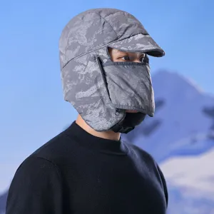 Winter windproof warm bomber hat detail, grey camouflage thermal cycling ski cap with face mask.