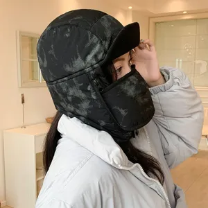 Winter windproof bomber hat with face mask, thermal fleece trapper cap for cold weather outdoor.