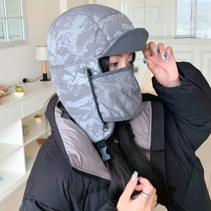Winter thermal trapper hat with face mask, grey camouflage windproof outdoor ski cap details.