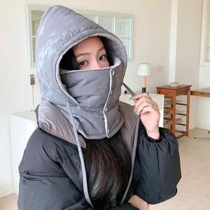 Winter warm hooded face mask integrated windproof cap for outdoor cycling skiing daily wear fashion grey