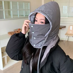 Winter warm windproof hooded hat with face mask, fleece-lined thick snow cap for outdoor riding.