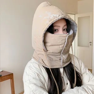 Winter thermal one-piece cap detail showing quilted fabric, windproof mask, and cord.