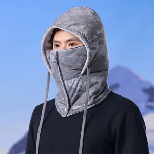 Detail view of the winter thermal hooded face mask, windproof integrated hat for outdoor skiing.