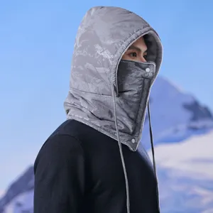 Winter warm integrated hood mask for outdoor cycling and skiing, windproof padded grey cap.