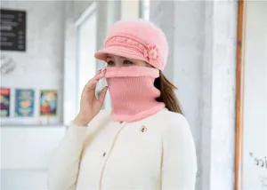 Women winter fleece lined knitted hat and scarf set warm plush beanie with visor pink