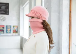 Women winter warm knitted hat and scarf set, plush thickening pink cap with visor.