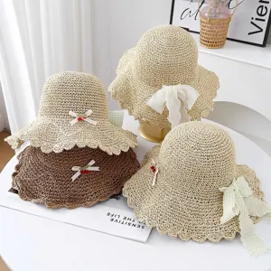 Women straw sun hat summer beach vacation large brim breathable lace trim cute cherry bow