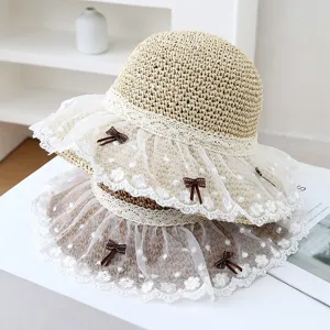 Sombrero de paja mujer ala de encaje sombrero de sol playa vacaciones ala ancha transpirable