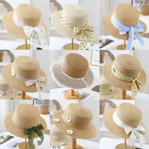 Women's Summer Wide Brim Flat Top Straw Hat Beach Sun Protection Boater Hat