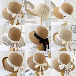 Women Large Brim Straw Sun Hat Summer Beach Vacation Sunhat Elegant Lace Ribbon Bow Woven Sun Protection Hat