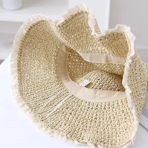 Sombrero de sol de paja con borde de encaje estilo coreano dulce para mujeres, ala ancha transpirable.