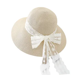 Women straw hat summer beach sun protection wide brim woven hat with lace bow ribbon