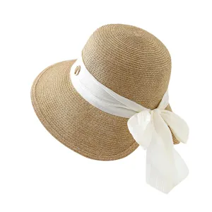 Dames zomer strohoed zonnehoed met elegante witte strik lint strand hoed vakantie chic