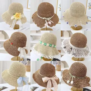 Sombrero de Paja de Verano para Mujer Ala Ancha Protección Solar Gorra de Playa Con Lazo Floral