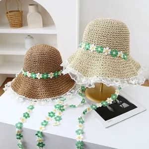 Dulce sombrero de paja para mujer con borde de encaje y margaritas, sombrero de sol de verano.