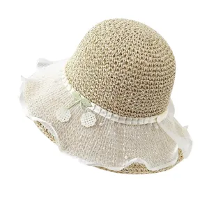 Sombrero de paja para mujer con ala de encaje, protección solar transpirable para playa.