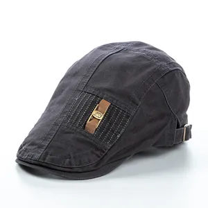 Classic dark grey flat cap for men, cotton newsboy beret with leather strap and metal detail.