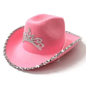 Pink Wollmischung Western Cowboy Hut Mit Strass Krone Und Federn Cowgirl Hut Für Musikfestival Party Damen Mode