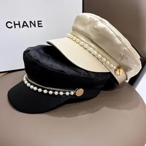 Women Mercerized Flat Top Beret Hat Fashion Pearl Chain Sun Protection Casual Visor Hat Chic Streetwear Headwear
