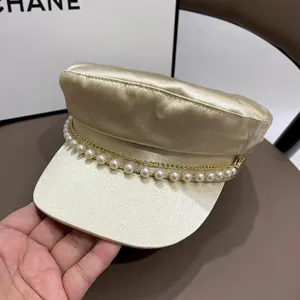 Women Satin Pearl Chain Newsboy Cap Luxury Style Flat Top Hat Elegant Beige Hat