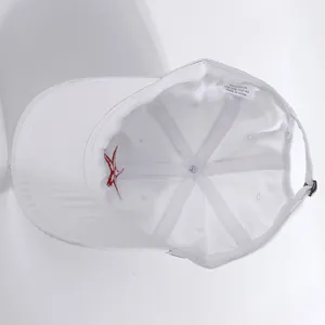 Classic distressed white baseball cap with red embroidery, 100% cotton, one size fits all.