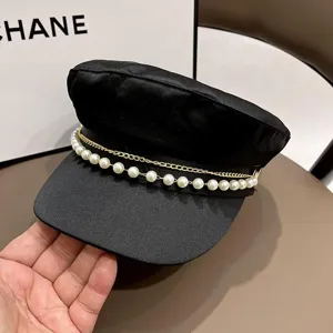 Black newsboy cap women stylish flat top hat pearl chain decorated chic street style