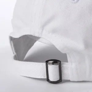 White baseball cap adjustable back metal buckle close-up view detail essential summer casual hat
