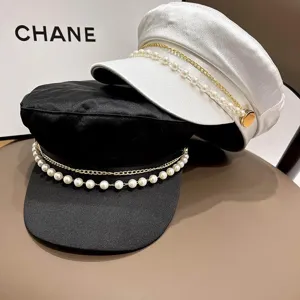 Stylish women pearl satin cadet hat black white military cap chic street style sun protection