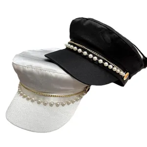 Women's chic pearl decorated mercerized flat top newsboy hat casual stylish street cap.