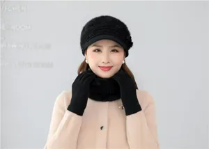 Winter thick warm knitted hat scarf and gloves set detail view, soft cozy plush lining.