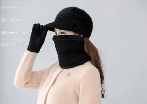 Winter women's warm knitted hat scarf and gloves set, thick plush lined cold-weather headwear.
