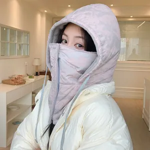 Winter thermal camouflage hooded face mask detail shot, windproof cycling cap for cold weather.
