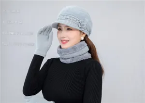 Women winter warm knitted hat scarf gloves set thick fleece lined grey mother cozy gift