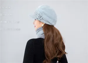 Women winter warm knitted hat and scarf set, thick fleece beanie with floral decor for cold.