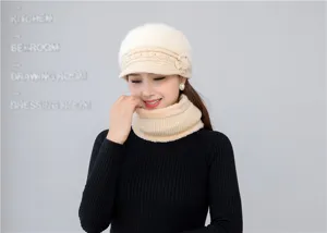 Women winter warm knitted hat and scarf set, fleece lined thick plush brim beanie cap for cold.