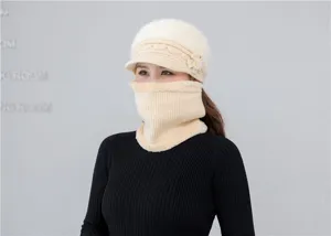Women winter warm knitted hat and scarf set, thick fleece lined beanie cap with cute visor.