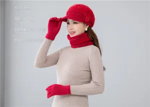 Women winter warm knitted hat scarf gloves set thick plush lined cozy red hat set apparel