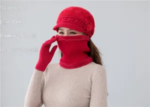 Women winter thick warm knitted hat scarf gloves set red cozy fleece lined cold weather gear