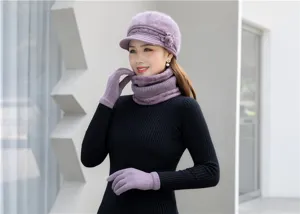 Women winter warm knitted hat scarf and gloves set in elegant purple color for cold weather