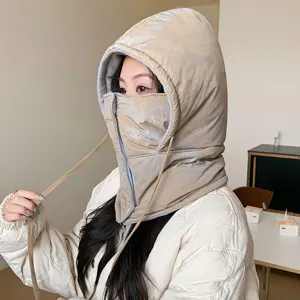 Winter padded warm hood detail showing integrated windproof face mask and adjustable drawstring.