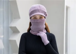 Detail view of women winter warm knitted hat scarf and gloves set in purple, soft plush lining.