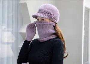 Women winter warm knitted hat scarf gloves set thick plush fleece lined purple stylish