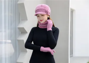 Winter warm knitted plush hat scarf and gloves set for women elegant detail showcase