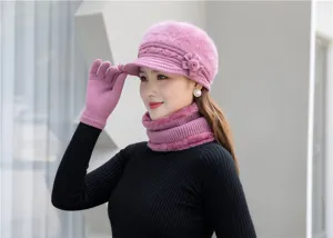 Women winter fleece lined knit hat scarf gloves set warm thick pink beanie detail view